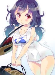 Rule 34 | 10s, 1girl, ahoge, animal print, blush, breasts, carrot, fish print, food, hair flaps, highres, imu sanjo, kantai collection, long hair, looking at viewer, low twintails, one-piece swimsuit, potato, purple hair, red eyes, school swimsuit, smile, solo, swimsuit, taigei (kancolle), torpedo, twintails, twitter username, white background, white one-piece swimsuit
