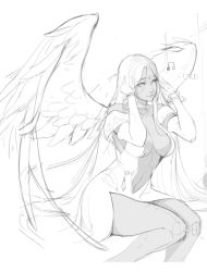 Rule 34 | aa megami-sama, breasts, center opening, elbow gloves, facial mark, forehead mark, gloves, greyscale, gtunver, highres, large breasts, long hair, looking at viewer, monochrome, solo, unfinished, urd (aa megami-sama), wings