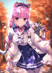 Rule 34 | 1girl, absurdres, animal ears, autumn leaves, blue bow, blue hair, blue nails, blue ribbon, blue sailor collar, blue skirt, bow, braid, breasts, cardigan, cat ears, cat girl, cat tail, closed mouth, commentary request, day, frilled sailor collar, frills, highres, hololive, kemonomimi mode, lamppost, long hair, long sleeves, looking at viewer, masaki (msk064), medium breasts, minato aqua, minato aqua (sailor), multicolored hair, nail polish, neko (minato aqua), open cardigan, open clothes, outdoors, pantyhose, pleated skirt, puffy long sleeves, puffy sleeves, purple eyes, purple hair, ribbon, sailor collar, shirt, skirt, sleeves past wrists, smile, tail, tail ornament, tail raised, tail ribbon, tree, twin braids, twintails, two-tone hair, very long hair, virtual youtuber, white cardigan, white pantyhose, white shirt