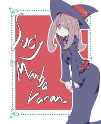 Rule 34 | 1girl, dress, hair over one eye, half-closed eyes, hat, little witch academia, pale skin, pink hair, red eyes, robe, sharp teeth, solo, sucy manbavaran, teeth, wide sleeves, witch, witch hat