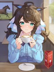 Rule 34 | 1girl, ahoge, aqua eyes, blue shirt, blush, brown hair, coffee, cup, daring tact (umamusume), day, heart, highres, holding, holding cup, horse girl, indoors, kashmir 0808, lens flare, long hair, long sleeves, looking at viewer, painting (object), parted lips, saucer, shirt, smile, solo, spoon, star (symbol), table, umamusume, upper body, valentine, window