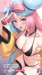 Rule 34 | 1girl, absurdres, bare shoulders, bikini, black bikini, blue hair, blush, bow-shaped hair, breasts, character hair ornament, cleavage, collarbone, creatures (company), game freak, hair ornament, highres, iono (pokemon), jacket, large breasts, long hair, long sleeves, looking at viewer, multicolored hair, nintendo, open mouth, pink eyes, pink hair, pokemon, pokemon sv, sharp teeth, skai kun, solo, swimsuit, teeth, thighs, twintails, two-tone hair, very long hair, yellow jacket