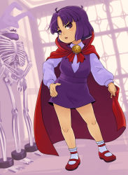 Rule 34 | 1girl, alice (asura blade), asura blade, blush, bone, cape, cuffs, dress, female focus, hand on own hip, indoors, mask, open mouth, parted bangs, purple dress, purple eyes, purple hair, red cape, red footwear, shackles, shoes, sideways glance, skeleton, solo, standing, stupa13a