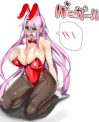 Rule 34 | 1girl, animal ears, bare shoulders, blush, bow, bowtie, grabbing another&#039;s breast, breasts, rabbit ears, playboy bunny, cleavage, cup-chan, detached collar, embarrassed, fake animal ears, female focus, full body, grabbing, green eyes, groin, hair between eyes, hand on own chest, hand up, high heels, huge breasts, legs, leotard, long hair, open mouth, pantyhose, pink hair, grabbing own breast, simple background, sitting, solo, speech bubble, strapless, thighs, white background, wrist cuffs