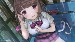 Rule 34 | 1girl, akira tooru, arm up, artist name, bag, bow, bra, bra visible through clothes, braid, breasts, brown hair, collared shirt, commentary request, copyright request, hair bow, hand in own hair, hand up, highres, long hair, looking at viewer, medium breasts, on bench, open mouth, outdoors, pink bow, pink bra, pleated skirt, purple eyes, rain, red skirt, revision, school bag, school uniform, see-through, shirt, short sleeves, sitting, skirt, solo, twin braids, twintails, underwear, virtual youtuber, wet, wet clothes, wet shirt, wing collar