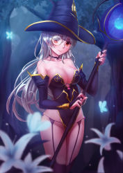 Rule 34 | bad id, bad pixiv id, bencao gangmu (19), blue legwear, breasts, bridal gauntlets, cleavage, flower, forest, garter belt, hat, highres, holding, holding staff, large breasts, leotard, long hair, looking at viewer, monocle, nature, night, orange eyes, original, silver hair, smile, solo, staff, witch, witch hat