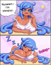 Rule 34 | 1girl, 2koma, :3, bare shoulders, blue eyes, blue hair, bouncing breasts, breast pillow, breast rest, breasts, cleavage, collarbone, colored eyelashes, comic, dark-skinned female, dark skin, dot nose, english text, eyelashes, fangs, highres, huge breasts, izfanart, motion lines, open mouth, original, self pillow, sideboob, sleeping, sleepy, solo, sound effects, strap slip, tentacle hair, upper body, zzz