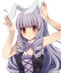 Rule 34 | 10s, 1girl, :3, animal ears, armpits, blush, bow, bowtie, breasts, chuchu (show by rock!!), cleavage, closed mouth, cross-laced clothes, drill hair, eyebrows, hands up, heart, lace, light purple hair, long hair, looking at viewer, medium breasts, nikitan (niki), purple bow, purple bowtie, purple hair, rabbit ears, rabbit pose, red eyes, show by rock!!, sidelocks, simple background, sleeveless, smile, solo, spoken heart, upper body, very long hair, white background