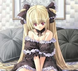 Rule 34 | 00s, black cat (series), blonde hair, bow, breasts, choker, cleavage, eve (black cat), eyebrows, flat chest, frills, goth fashion, hair ribbon, jpeg artifacts, lace, long hair, red eyes, ribbon, sitting, skirt, twintails