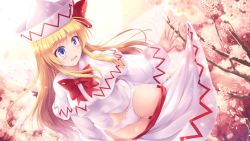 Rule 34 | 1girl, barefoot, blonde hair, blue eyes, blush, buttons, capelet, cherry blossoms, clothes pull, fairy, fairy wings, fingernails, hat, highres, lily white, long hair, long sleeves, lzh, open mouth, panties, petals, shirt, skirt, skirt pull, solo, touhou, underwear, white capelet, white hat, white panties, white shirt, white skirt, wings