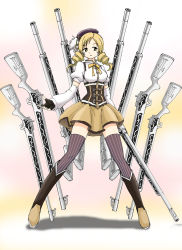 Rule 34 | 10s, 1girl, akiran (r32), beret, blonde hair, boots, breasts, brown thighhighs, detached sleeves, drill hair, fingerless gloves, full body, gloves, gun, hat, highres, knee boots, long hair, magical girl, magical musket, mahou shoujo madoka magica, mahou shoujo madoka magica (anime), pleated skirt, puffy sleeves, skirt, smile, solo, striped clothes, striped thighhighs, thighhighs, tomoe mami, twin drills, vertical-striped clothes, vertical-striped thighhighs, weapon, yellow eyes, zettai ryouiki