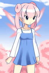Rule 34 | 1girl, blue dress, cherry blossoms, cloud, collarbone, double bun, drantyno, dress, fairy, fairy wings, hair bun, hanami, long hair, long sleeves, pink eyes, pink hair, shirt, sky, sleeveless, sleeveless dress, smile, standing, tree, twintails, white shirt, wings