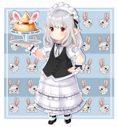 Rule 34 | 1girl, black footwear, black vest, dress, eyebrows hidden by hair, final fantasy, final fantasy xiv, flat chest, food, frilled dress, frills, full body, hand on own hip, highres, holding, holding tray, ice cream cup, lalafell, light smile, looking ahead, loporrit, maid, maid headdress, medium hair, pointy ears, pudding, rabbit background, red eyes, scrunchie, short sleeves, tray, turban, usami 13403958, vest, warrior of light (ff14), white dress, white hair, white headdress, white headwear, wrist scrunchie