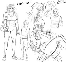 Rule 34 | 1boy, 1girl, blush, carrying, greyscale, height difference, holding hands, horns, long hair, monochrome, muscular, muscular female, oni, oni horns, original, peach88, princess carry, short hair, sidelocks, sketch, very long hair, very short hair, wavy hair