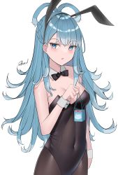 Rule 34 | 1girl, absurdres, animal ears, azurel577, bag, blue eyes, blue hair, blush, bow, bowtie, braid, breasts, cleavage, detached collar, fake animal ears, hairband, highres, holding, holding bag, hololive, hololive indonesia, kobo kanaeru, leotard, long hair, medium breasts, multicolored hair, pantyhose, parted lips, playboy bunny, rabbit ears, solo, traditional bowtie, twintails, two-tone hair, very long hair, virtual youtuber, white hair, wrist cuffs