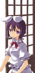 Rule 34 | 1girl, animal ears, rabbit ears, cowboy shot, dress, expressionless, female focus, frills, inaba tewi, indoors, kerchief, puffy short sleeves, puffy sleeves, sakuraba yuuki, short hair, short sleeves, slit pupils, solo, touhou, white dress