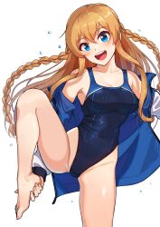 Rule 34 | 1girl, blue eyes, blue one-piece swimsuit, blush, braid, breasts, brown hair, collarbone, commentary request, competition swimsuit, covered navel, hand on own foot, highleg, highleg swimsuit, highres, idolmaster, idolmaster million live!, idolmaster million live! theater days, kamille (vcx68), kousaka umi, long hair, looking at viewer, medium breasts, navel, one-piece swimsuit, open mouth, side braid, simple background, smile, solo, swimsuit, twin braids, two-tone swimsuit, water, water drop, wet, wet clothes, wet swimsuit, white background