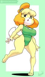Rule 34 | 1girl, absurdres, animal crossing, animal ears, argento, artist name, bare shoulders, bell, black eyes, blonde hair, blush, blush stickers, border, breasts, cameltoe, cleavage, covered navel, dog ears, dog tail, feet, full body, furry, furry female, green border, green one-piece swimsuit, hair bell, hair ornament, highres, isabelle (animal crossing), large breasts, legs apart, logo, looking to the side, navel, nintendo, one-piece swimsuit, open mouth, patreon, short hair, signature, simple background, solo, standing, standing on one leg, swimsuit, tail, text focus, third-party edit, watermark, web address, white background
