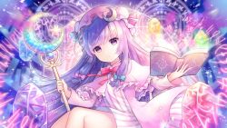 Rule 34 | 1girl, blue bow, book, bow, closed mouth, coa (chroo x), crescent, crescent hat ornament, dress, hair bow, hat, hat ornament, holding, holding book, long hair, long sleeves, magic circle, mob cap, open book, patchouli knowledge, pink hat, purple dress, purple eyes, purple hair, red bow, solo, striped clothes, striped dress, touhou, vertical-striped clothes, vertical-striped dress