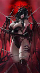 Rule 34 | 1girl, absurdres, black hair, blindfold, bound, bound arms, breasts, chain, commentary request, crossed arms, demon, demon girl, demon wings, elbow gloves, fingernails, gloves, halo, highres, large breasts, light y, long hair, original, restrained, sharp fingernails, skindentation, thighhighs, torn wings, wings
