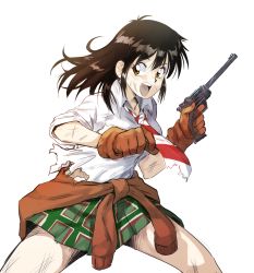 Rule 34 | 1980s (style), 1girl, bichosan, brown eyes, brown gloves, brown hair, clothes around waist, coppelion, cowboy shot, finger on trigger, gloves, green skirt, gun, handgun, highres, jacket, jacket around waist, long hair, looking at viewer, miniskirt, naruse ibara, necktie, oldschool, open mouth, pale skin, parody, plaid, plaid skirt, pleated skirt, retro artstyle, scratches, shirt, skirt, sleeves rolled up, smile, solo, source request, striped necktie, striped neckwear, style parody, weapon, white background, white shirt