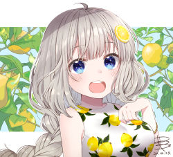 Rule 34 | 1girl, ahoge, blue eyes, blunt bangs, braid, branch, breasts, dated, food, food-themed hair ornament, fruit, hair ornament, hand on own chest, kizuna akari, leaf, lemon, lemon hair ornament, lemon print, letterboxed, light blush, long hair, looking at viewer, medium breasts, open mouth, outside border, shirt, signature, silver hair, sleeveless, sleeveless shirt, smile, solo, sparkling eyes, tree, twin braids, upper body, voiceroid, white shirt, yamada sakura