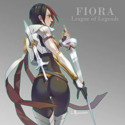 Rule 34 | 1girl, armor, armored boots, ass, belt, black hair, boots, character name, copyright name, erobi (0728), fiora (league of legends), from behind, gloves, league of legends, pants, profile, short hair, solo, sword, thigh boots, thighhighs, weapon, white footwear, white thighhighs