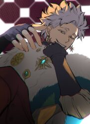 Rule 34 | 1boy, black clover, black clover: sword of the wizard king, earrings, from below, fur trim, grey hair, grin, hands up, highres, jester garandros, jewelry, looking at viewer, male focus, royal robe, sanpaku, short hair, smile, smug, solo, star (symbol), star earrings, thick eyebrows, udonmoudon, upper body