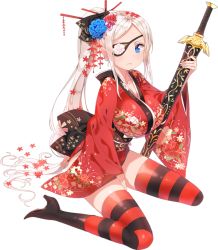 Rule 34 | 1girl, blue eyes, boots, breasts, eyepatch, female focus, floral print, flower, full body, hair flower, hair ornament, hair stick, high heel boots, high heels, huge breasts, japanese clothes, kimono, large breasts, long hair, looking at viewer, mx2j, obi, parted bangs, ponytail, sash, short kimono, sitting, solo, striped clothes, striped thighhighs, sword, thighhighs, transparent background, unleashed, very long hair, weapon, white hair, wide sleeves
