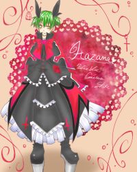 Rule 34 | arc system works, blazblue, bow, cosplay, crossdressing, dress, green hair, hazama, male focus, rachel alucard, rachel alucard (cosplay), ribbon, short twintails, solo, twintails, yellow eyes