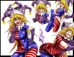 Rule 34 | 1girl, aged up, ahegao, american flag dress, american flag legwear, american flag shirt, bent over, between legs, blonde hair, clothes pull, clownpiece, contrapposto, elbow gloves, gloves, grin, hat, jester cap, long hair, object insertion, open mouth, pantyhose, pantyhose pull, pointing, pointing at viewer, pointy ears, purple gloves, red eyes, ryuuichi (f dragon), smile, solo, standing, striped clothes, striped pantyhose, torch, touhou, very long hair