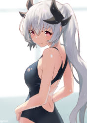 Rule 34 | 1girl, alternate costume, back, backless outfit, bare arms, bare shoulders, black one-piece swimsuit, blurry, blurry background, blush, breasts, closed mouth, commentary request, competition swimsuit, depth of field, dragon horns, fate/grand order, fate (series), from side, hair between eyes, highres, horns, jonsun, kiyohime (fate), kiyohime (third ascension) (fate), long hair, looking at viewer, looking back, medium breasts, one-piece swimsuit, ponytail, red eyes, silver hair, smile, solo, standing, swimsuit, very long hair, wet, wet hair