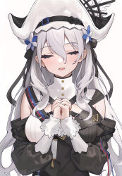 Rule 34 | 1girl, absurdres, arknights, black dress, black hat, breasts, chinese commentary, closed eyes, clothing cutout, commentary request, dress, grey hair, hair between eyes, hat, highres, juejue, long sleeves, medium breasts, open mouth, own hands clasped, own hands together, praying, shoulder cutout, shoulder strap, sidelocks, simple background, solo, specter (arknights), specter the unchained (arknights), two-tone headwear, white background, white hat