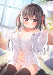 Rule 34 | 1girl, black hair, black thighhighs, blush, bow, bow panties, breasts, cleavage, closed mouth, collarbone, collared shirt, commentary request, curtains, dress shirt, hair between eyes, hair bow, hair ornament, hanamiya natsuka, hands up, long sleeves, looking at viewer, medium breasts, navel, original, panties, pillow, pinching sleeves, red bow, red eyes, shirt, sitting, sleeves past wrists, smile, solo, thighhighs, transparent, two side up, underwear, wariza, white panties, white shirt, window, x hair ornament