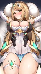 Rule 34 | 1girl, absurdres, blonde hair, blue panties, blush, breasts, cleavage, closed mouth, dress, earrings, elbow gloves, enishi96, from below, gloves, highres, jewelry, large breasts, long hair, looking at viewer, lying, mythra (xenoblade), on back, panties, pout, solo, tiara, underwear, white dress, white gloves, xenoblade chronicles (series), xenoblade chronicles 2, yellow eyes