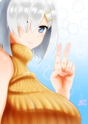 Rule 34 | 10s, 1girl, alternate costume, bad id, bad pixiv id, bare shoulders, blue eyes, breasts, hair ornament, hair over one eye, hairclip, hamakaze (kancolle), highres, k.ty (amejin), kantai collection, large breasts, light smile, looking at viewer, signature, silver hair, solo, sweater vest, v