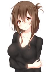 Rule 34 | 1girl, aged up, alternate breast size, bad id, bad twitter id, blush, brown hair, folded ponytail, hair between eyes, highres, inazuma (kancolle), kantai collection, long hair, numpopo, simple background, solo, sweater, white background