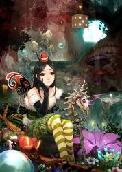Rule 34 | 1girl, absurdres, alice: madness returns, alice (alice in wonderland), alice liddell (american mcgee&#039;s alice), american mcgee&#039;s alice, american mcgee's alice, black hair, chiizu namasu, closed mouth, commentary request, dice, dress, highres, long hair, looking at viewer, mushroom, pantyhose, smile, solo, statue, striped clothes, striped legwear, striped pantyhose, water