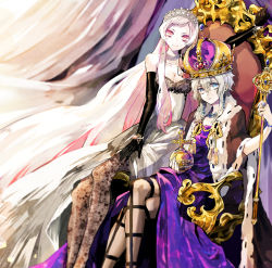 Rule 34 | 10s, 2girls, absurdly long hair, abyssal ship, airfield princess, bare shoulders, black gloves, blue eyes, bracelet, breasts, cleavage, coat, collarbone, colored skin, cross, crown, dress, earrings, elbow gloves, fingernails, floral print, fur trim, gloves, hand on leg, holding, jewelry, kantai collection, crossed legs, long hair, looking at viewer, lots of jewelry, medium breasts, multiple girls, necklace, no horns, nozaki tsubata, pale skin, pantyhose, pearl necklace, pink eyes, purple dress, ring, scepter, short hair, short hair with long locks, sitting, sleeveless, sleeveless dress, smile, throne, tiara, very long hair, white dress, white hair, white skin, wo-class aircraft carrier