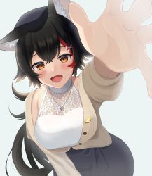 Rule 34 | 1girl, animal ear fluff, animal ears, beige cardigan, beret, black hair, blush, cardigan, hair between eyes, hair ornament, hairclip, hat, high-waist skirt, highres, hololive, jewelry, leaning forward, long hair, looking at viewer, multicolored hair, necklace, ookami mio, ookami mio (street), open mouth, ponytail, reaching, red hair, shirt, skirt, sleeveless, sleeveless shirt, smile, solo, streaked hair, tojo aoi, very long hair, virtual youtuber, white background, wide ponytail, wolf ears, wolf girl, yellow eyes