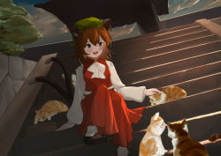 Rule 34 | 1girl, :d, animal ear fluff, animal ears, architecture, basket, blush, bobby socks, breasts, brown eyes, brown hair, casterluex, cat, cat ears, cat tail, chen, cloud, cloudy sky, dress, dutch angle, earrings, east asian architecture, fang, foot out of frame, hat, highres, jewelry, long sleeves, looking at animal, medium hair, mob cap, multiple tails, nekomata, open mouth, outdoors, petting, puffy sleeves, red dress, single earring, sitting, sky, small breasts, smile, socks, solo, stairs, tail, touhou, twilight, two tails, white neckwear