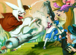 Rule 34 | 1boy, 1girl, action, alice (alice in wonderland), alice in wonderland, battle, blonde hair, cat, cheshire cat (alice in wonderland), crazy, cuson, dress, forest, hair ribbon, laughing, long hair, mad hatter (alice in wonderland), monocle, monocle chain, mushroom, nature, open mouth, pantyhose, pocket watch, rabbit, ribbon, rocket, rocket launcher, smoke, stairs, tree, watch, weapon, white rabbit (alice in wonderland)