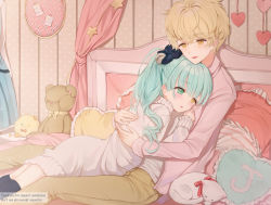 Rule 34 | 1boy, 1girl, animal, bad id, bad pixiv id, bed, black thighhighs, blonde hair, blush, brown eyes, brown pants, cat, commission, dress, fingernails, frilled pillow, frills, green eyes, green hair, haruri, heart, heart-shaped pillow, heterochromia, hug, indoors, jacket, long hair, on bed, open clothes, open jacket, original, pants, parted lips, pillow, pink jacket, polka dot, red ribbon, ribbon, shirt, sitting, smile, star (symbol), stuffed animal, stuffed toy, sweater, sweater dress, teddy bear, thighhighs, turtleneck, turtleneck sweater, watermark, white cat, white shirt, white sweater