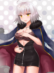 Rule 34 | &gt;:d, 1girl, :d, black dress, blue jacket, blush, bra, breasts, cleavage, cowboy shot, dress, fate/grand order, fate (series), fur collar, fur trim, glint, hand on own chest, jacket, jeanne d&#039;arc (fate), jeanne d&#039;arc alter (fate), jeanne d&#039;arc alter (ver. shinjuku 1999) (fate), jewelry, lingerie, medium breasts, naomi (fantasia), necklace, official alternate costume, open clothes, open jacket, open mouth, pendant, polka dot, polka dot background, red bra, short dress, short hair, signature, silver hair, smile, solo, standing, tsurime, underwear, undressing, unzipping, v-shaped eyebrows, yellow eyes, zipper