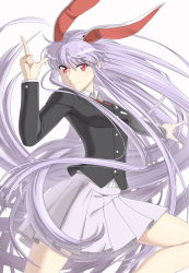 Rule 34 | 1girl, absurdres, animal ears, black jacket, blazer, breasts, buttoned cuffs, buttons, closed mouth, collared shirt, commentary request, cowboy shot, crescent, crescent pin, finger gun, highres, jacket, kin-kun, light purple hair, long hair, long sleeves, medium breasts, necktie, pink skirt, pleated skirt, purple skirt, rabbit ears, red eyes, red necktie, reisen udongein inaba, shirt, simple background, skirt, smile, touhou, v-shaped eyebrows, very long hair, white background, white shirt