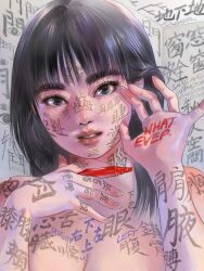 Rule 34 | 1girl, black eyes, black hair, body writing, breasts, chinese text, cleavage, graffiti, highres, holding, holding marker, large breasts, little thunder, marker, nude, original, parted lips, realistic, solo, thick eyebrows, translation request, upper body