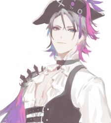 Rule 34 | 1boy, black choker, black eyeshadow, blue eyes, blue hair, choker, closed mouth, commentary, eyeshadow, feather cape, frilled shirt, frills, gavis bettel, gavis bettel (2nd costume), gimn, grey hair, hair between eyes, hat, heterochromia, highres, holostars, holostars english, looking at viewer, makeup, male focus, multicolored hair, pale color, pink eyes, pink hair, shirt, short hair, simple background, sketch, smile, solo, upper body, virtual youtuber, white background