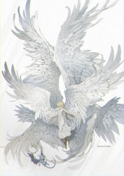 Rule 34 | 1girl, angel wings, artist name, bare shoulders, blonde hair, blunt bangs, boots, braid, brown footwear, commentary request, creature, demizu posuka, dress, eyebrows hidden by hair, feathered wings, flying, highres, large wings, looking at another, multiple wings, open mouth, original, outstretched arms, sleeveless, sleeveless dress, solo, spread arms, white background, white dress, white wings, wings, yellow eyes