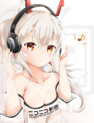 Rule 34 | 1girl, ayanami (azur lane), ayanami (niconico) (azur lane), azur lane, bandaid, bandaid on face, bare shoulders, blonde hair, blush, breasts, cleavage, commentary request, hair between eyes, hands up, headgear, headphones, listening to music, long hair, looking at viewer, musical note, niconico, off-shoulder shirt, off shoulder, open mouth, ponytail, red eyes, regumaki, shirt, solo, upper body