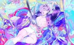 Rule 34 | 1boy, arms up, blush, boxers, bulge, cake, candy, cupcake, food, fork, from side, hair over one eye, highres, jacket, jaemin107, lying, macaron, male focus, male underwear, nipples, on back, open clothes, open jacket, open mouth, original, pectorals, purple eyes, rainbow, smile, socks, sweets, tongue, tongue out, underwear, unicorn, white socks